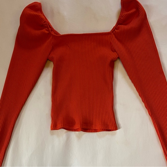 H&M Ribbed Puff Sleeve Top in Bright Orange - Picture 6 of 7